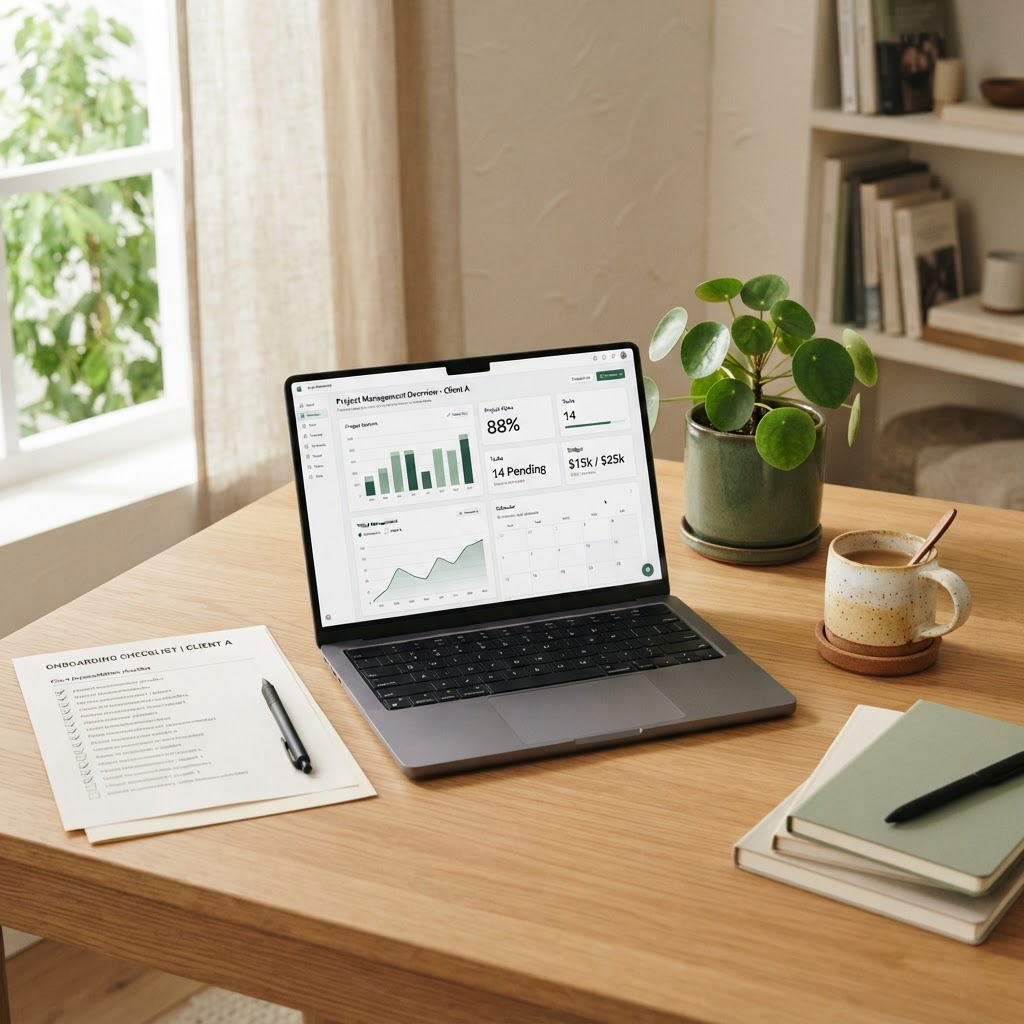 A calm home-office desk with a laptop, a printed client checklist, and a small plant