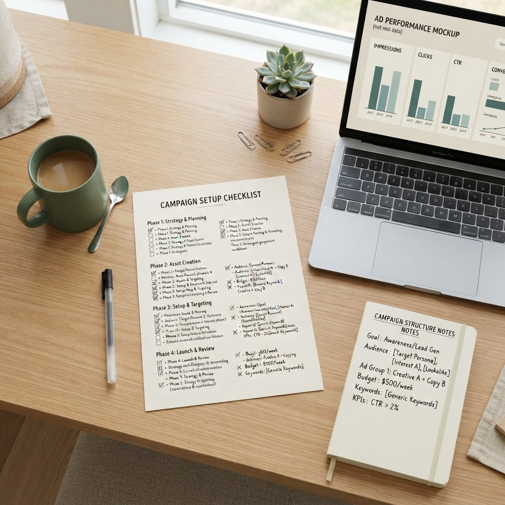 A desk workspace with a labeled sample campaign checklist, notes, and a laptop showing ad account setup screens