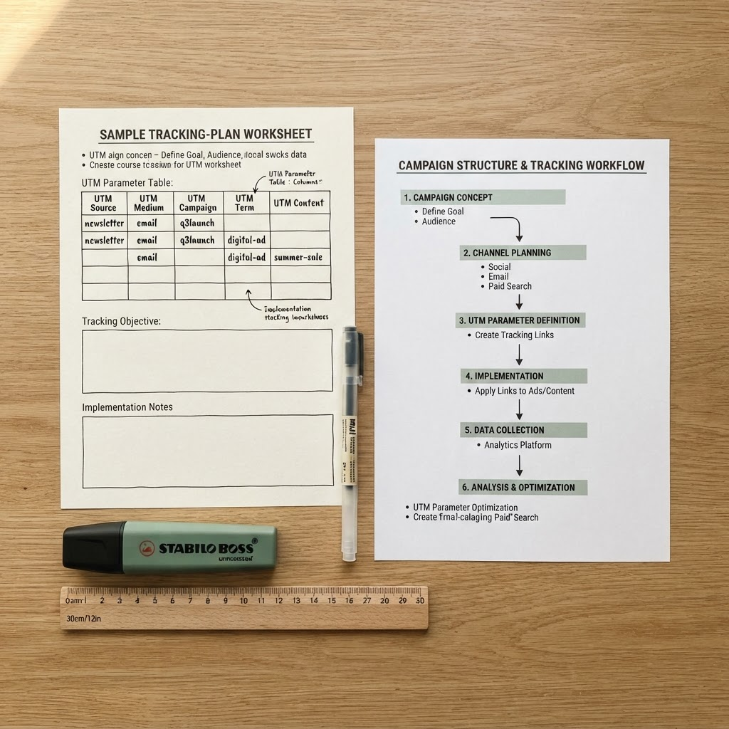 A sample tracking-plan worksheet with a UTM parameter table sketch and a printed step-by-step campaign diagram, used as educational course material
