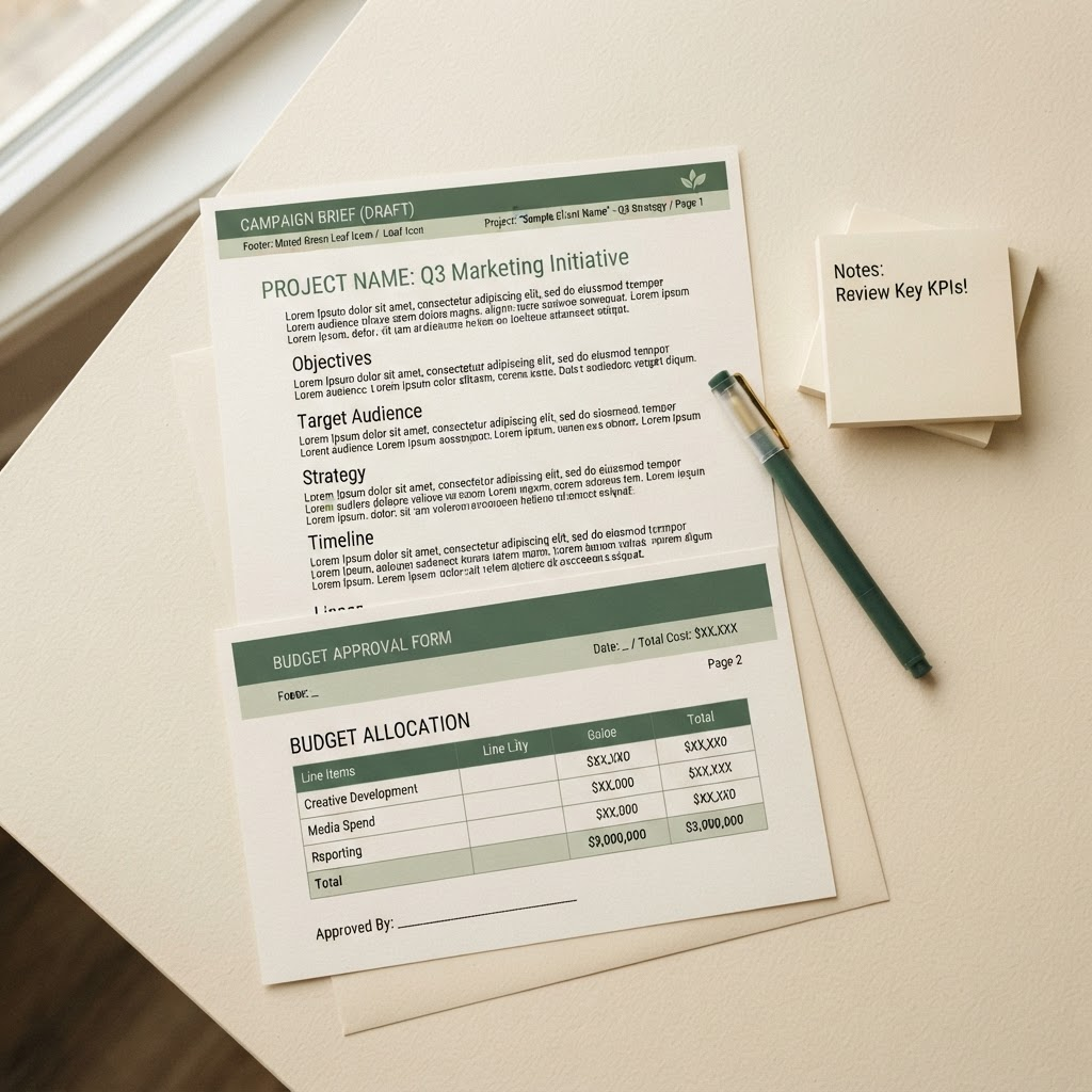 A sample client handoff packet including a campaign brief, a budget approval form, and sticky notes, used as an educational mock document
